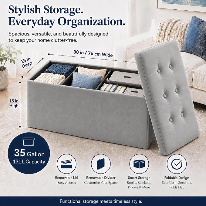 ALASDO 30 Inch Folding Storage Ottoman Bench - Image 5