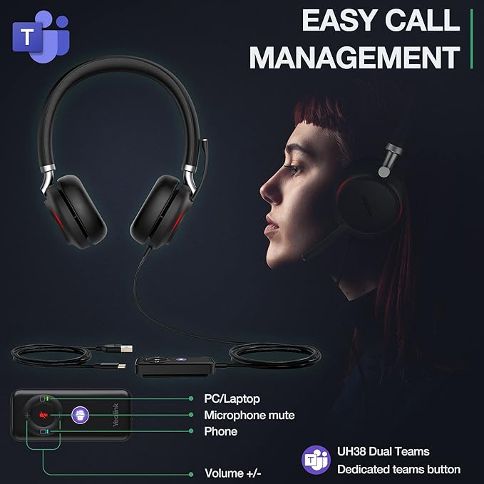 Yealink UH38 Bluetooth USB Wired Headset, Work Headset with Noise Cancelling Microphone, Teams Certified, Comfort Fit, Dual Connect for PC Computer & Mobile Devices, Dual Busylight-DeskLoop Office