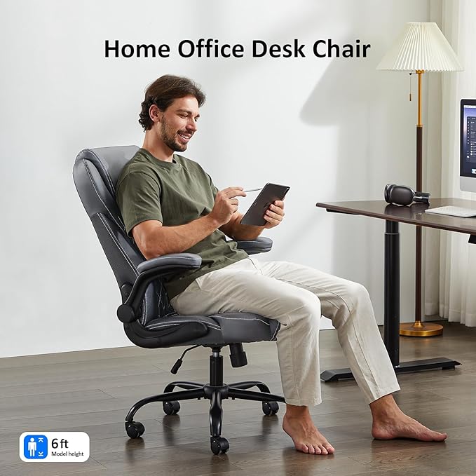 Office Chair, Executive Leather Chair Home Office Desk Chairs, Ergonomic Computer Desk Chair with Adjustable Flip-Up Arms, Lumbar Support Swivel Task Chair with Rocking Function (Gray)-DeskLoop Office