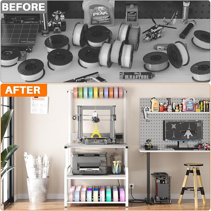 Homieasy Printer Stand with Charging Station, 29.1" x 22.8" Large 3D Printer Table with Filament Storage, Heavy Duty Rolling Printer Cart with 4-Tier Storage for Workshop/Office/Garage, Light Grey-DeskLoop Office