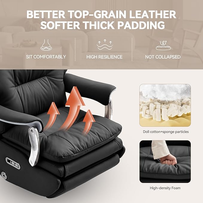 Dual Motor Electric Real Leather Executive Office Chair with Foot Rest, Comfortable Reclining Office Chair with Massage, Big and Tall High Back Comfy Ergonomic Home Office Desk Chairs 400lbs, Black-DeskLoop Office