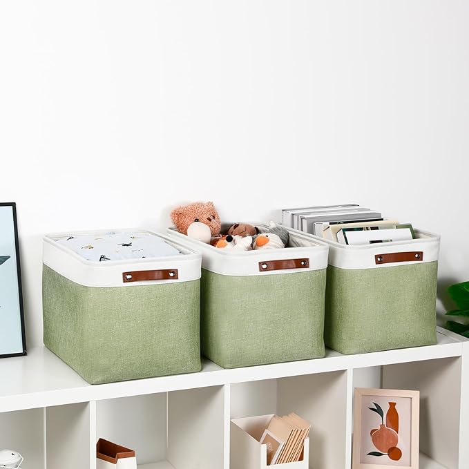 DULLEMELO 16 inch Fabric Storage Basket, Decorative Storage Boxes with Leather Handle for Closet Shelf Nursery, Collapsible Linen Storage Bins for Organizing Toys Book Towel Organizers(White&Green)-DeskLoop Office