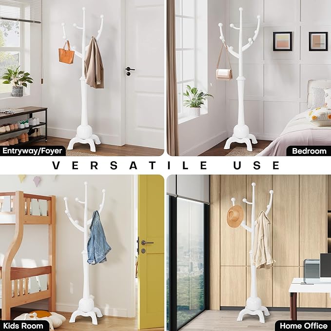 Coat Rack, Solid Wood Coat Racks Stand, Free Standing Coat Rack Coat Hanger with Hooks for Jaceket, Winter Coats, Entryway, Hallway, Bedroom - Load 160lbs (White)-DeskLoop Office