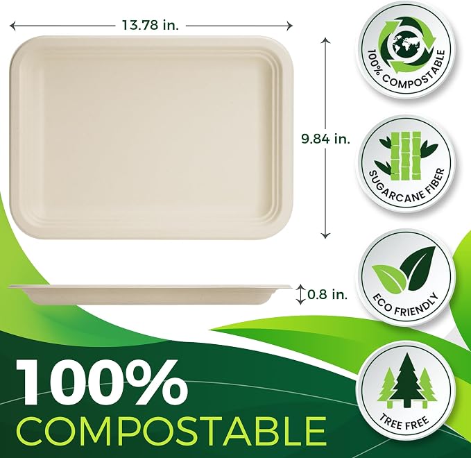 50 Pack Brown 14" Heavy Duty Disposable Rectangle Food Trays, Compostable Extra - Image 2