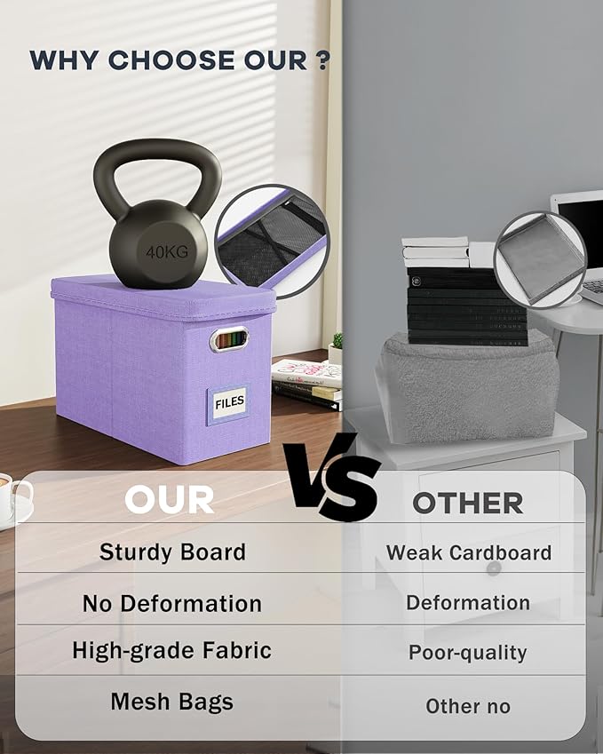 Oterri File Organizer Box with Lid, Hanging Filing File Box with Mesh Pocket, Document Organizer Box for Letter Files, Portable Storage Box with Smooth Sliding Rail for Office&Home (1 PCS, Lavender)-DeskLoop Office