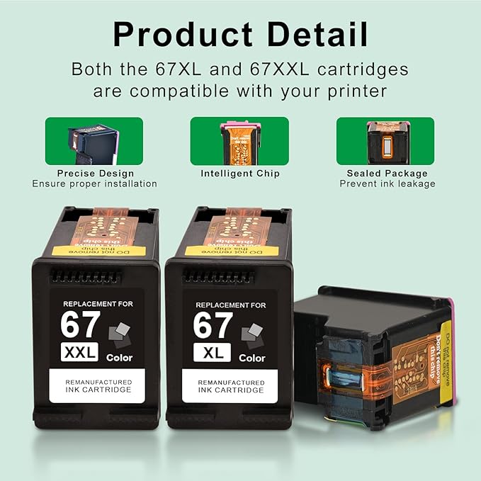 SAILNER 67XL HP Printer Ink, Replacement for HP Ink 67 for HP 67 Ink cartridges Black/Color Combo Pack, Compatible with DeskJet 2755e 2855e 2700e 4155e 2734e 2827e 4100e Envy 6055 6455e Printer 67XL-DeskLoop Office