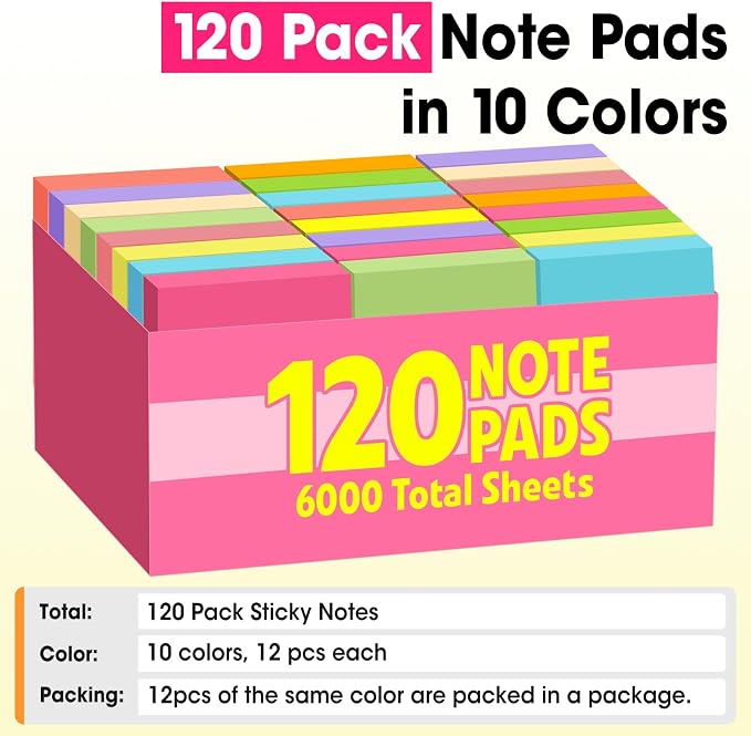 120 Pads Sticky Notes 3x3, Self-Stick Pads Bulk Bright Colors, School Supplies - Image 5