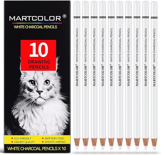 Professional White Charcoal Pencils Set, 10 Pieces Sketch Highlight Charcoal Pencils for Drawing, Sketching, Shading, Blending, White Chalk Pencils for Beginners & Artists