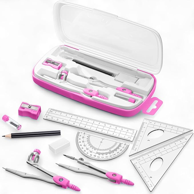 Zonon Math Geometry Set 10 Pcs Student Supplies with Shatterproof Storage Box, Includes Rulers Protractor Compass Pencil Sharpener Lead Refills Eraser Pencil for Drafting and Drawings(Pink)-DeskLoop Office