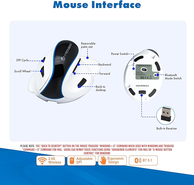 J-Tech Digital Wireless Mouse, Vertical Ergonomic Mouse with Bluetooth Dual Modes + USB Dongle + Rechargeable w/ 2.4GHz Wireless + Adjustable DPI 3200 for Laptop, Desktop, PC, Mac [V638W], White-DeskLoop Office