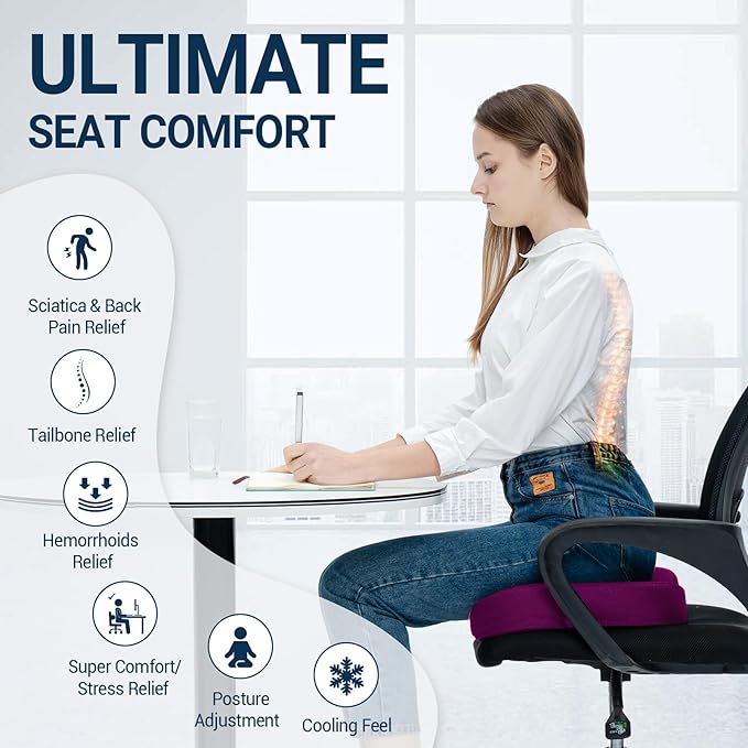 Gel Seat Cushion for Car Office - Memory Foam Pain Relief Chair Pillow Cushions - Tailbone Sciatica Coccyx Butt Lumbar Support Pad for Sitting Driving Traveling, Mesh, Purple-DeskLoop Office