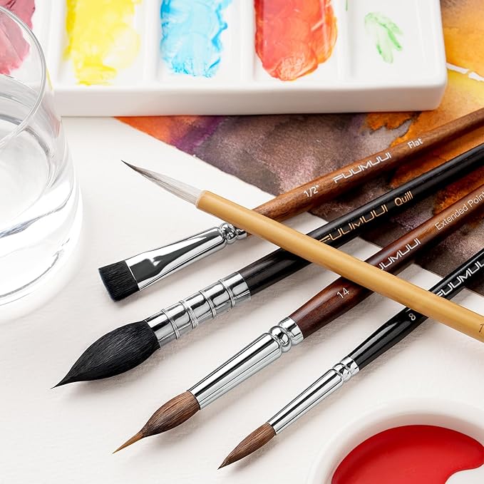 Watercolor Paint Brushes, 5pcs Fuumuui Professional Sable Brush, Wool & Synthetic Squirrel Brushes Set with Extended Needle, Round Point, Flat, Quill Wash Perfect for Watercolor Acrylic Gouache Inks-DeskLoop Office