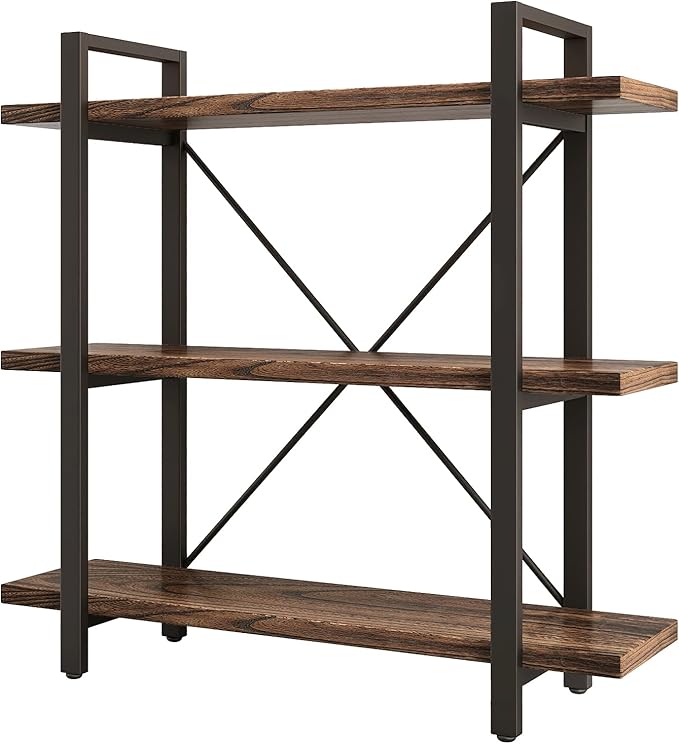 3 Tier Bookshelf Modern Rustic Open Bookshelf Office Solid Wood Bookcase and Book Shelves Wood and Metal Shelving Unit,Distressed Brown (AY-02-3Tier)-DeskLoop Office