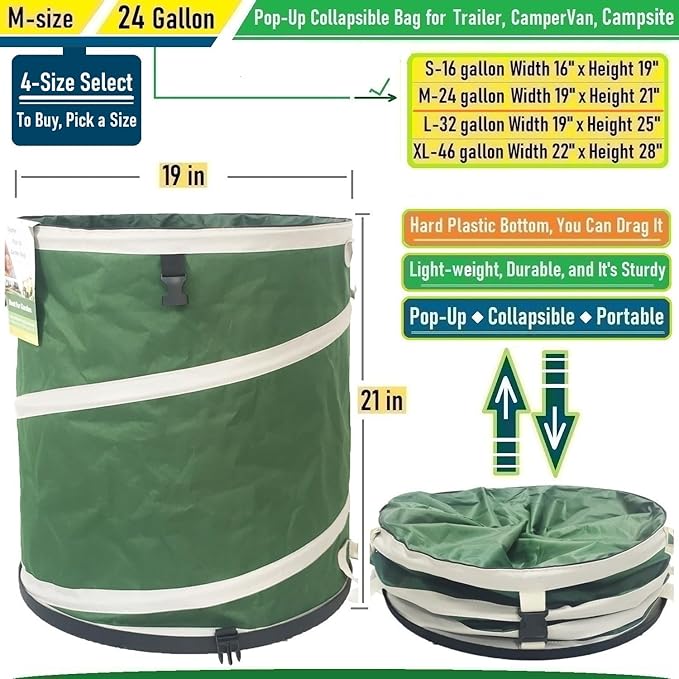 24-Gallon Collapsible Trash Can (19x21 in) Hard-Shell Bottom Yard Garden Bag for Yard Waste,Debris Bags,Pop-Up Trash Can,Recycling Bin,Camping Waste Bin,Laundry Hamper,Lawn Grass,Leaf Bag,Weeds Barrel-DeskLoop Office