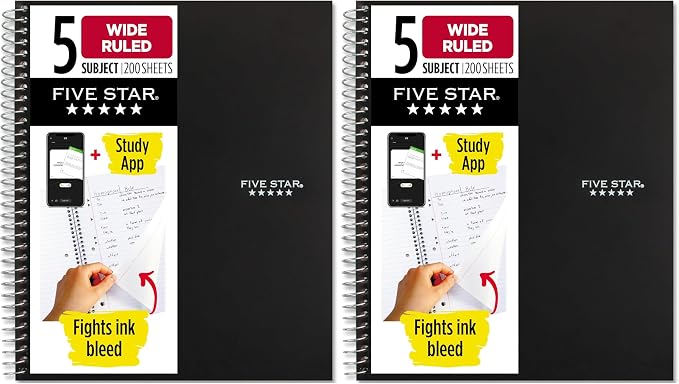 Five Star Spiral Notebook + Study App, 5 Subject, Wide Ruled Paper, 200 Sheets by FiveStar