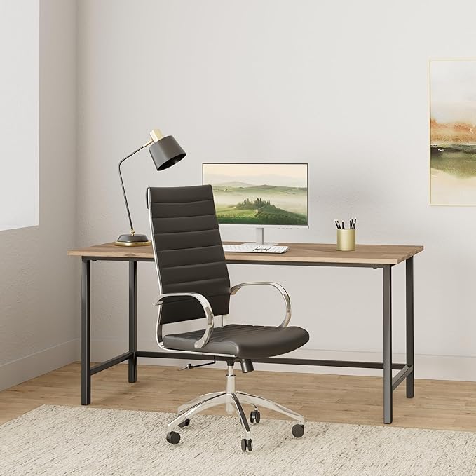 Ribbed High Back Conference Room Chairs - Lumbar Support, Modern Style Executive Chair for Home and Office - 360 Swivel Rolling Wheels - Aluminum Chrome Frame & Base - Black (Pack of 1)-DeskLoop Office