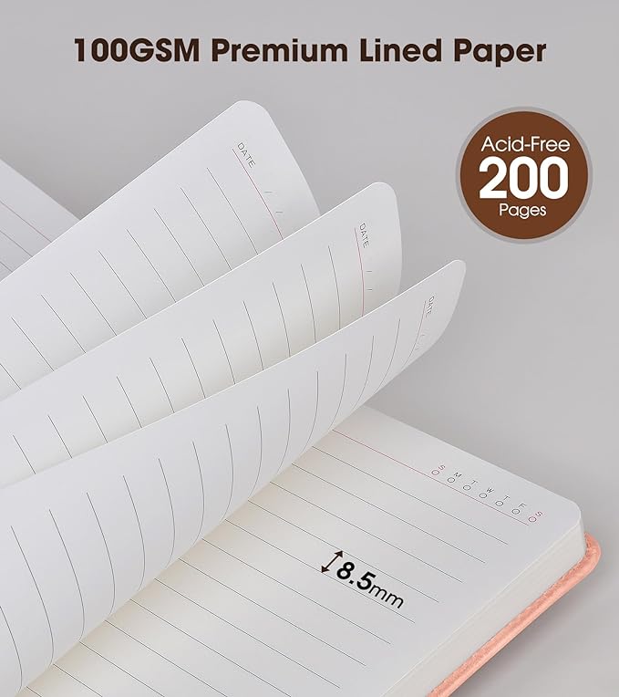 Pink A5 Lined Leather Journal Notebook for Men Women,5.9" X 8.4" Personalized Hardcover Journal with Pen,200 Pages 100 Gsm Thick Ruled Paper Daily Diary for Travel,Business,Work,Writing-DeskLoop Office