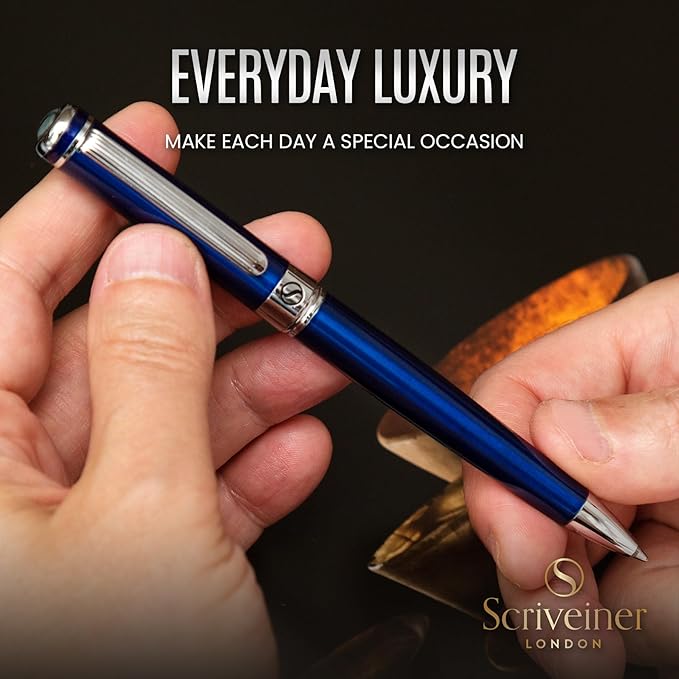 Scriveiner Midnight Blue Ballpoint Pen - Stunning Blue Lacquer Luxury Pen, Chrome Finish, Schmidt Black Refill, Best Ball Pen Gift Set for Men & Women, Professional Executive Office, Nice Designer Pen-DeskLoop Office