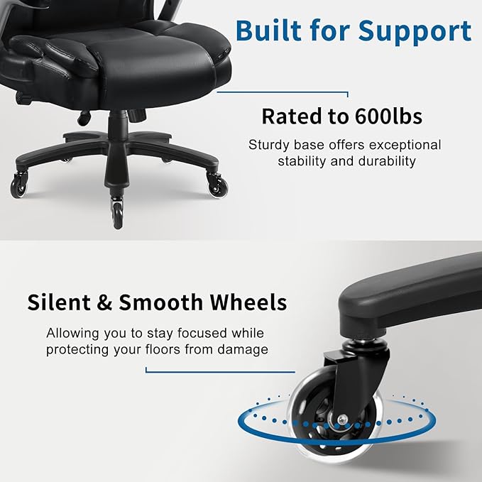 Big and Tall Office Chair 600LBS, Heavy Duty Office Chair for Heavy People, High Back Executive Office Leather Chair with Adjustable Armrests and Lumbar Support, Black Ergonomic Big Tall Chair-DeskLoop Office