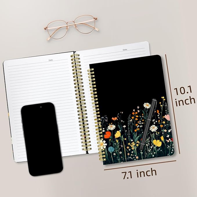Cute Spiral Notebook journal B5 Aesthetic Pretty Design for Women Girls Kawaii with Pocket, 10 x 7.2 inch, Lined, Black Flower-DeskLoop Office
