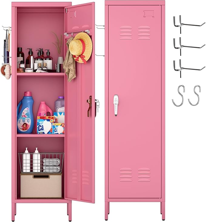 Aobabo Metal 54" H Metal Storage Locker for Employees, Lockable 1 Door with Towel Rack and 2 Side Pegboards with Hooks for School Office Gym Home, Assembly Required (Pink)-DeskLoop Office
