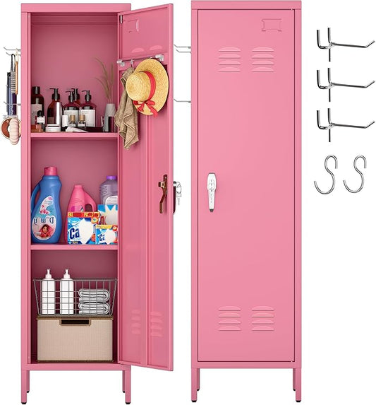 Aobabo Metal 54" H Metal Storage Locker for Employees, Lockable 1 Door with Towel Rack and 2 Side Pegboards with Hooks for School Office Gym Home, Assembly Required (Pink)-DeskLoop Office