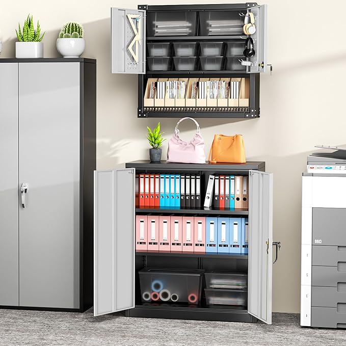 Greenvelly Metal Garage Storage Cabinet, Lockable Metal Cabinets with 2 Doors and Shelves,36” Steel Storage Locking Counter Cabinet for Office,Garage,Kitchen,Home,School(Black Grey)-DeskLoop Office