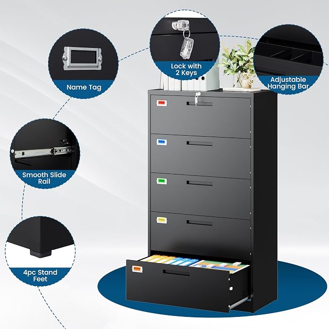 PEUKC 5 Drawer File Cabinet, Lateral Filing Cabinets - Image 5