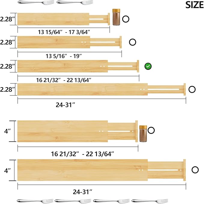 BAMEOS Drawer Dividers kitchen Organization Bamboo Utensil Organizers for Kitchen Bedroom Bathroom Dresser Office 4-pack-DeskLoop Office