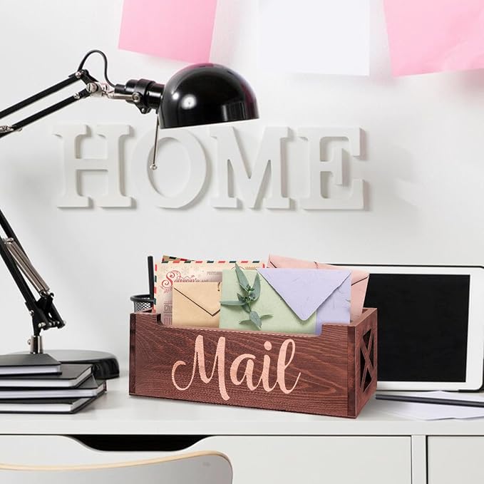Wooden Mail Organizer Mail Holder Countertop, Farmhouse Brown Mail Tray Mail - Image 3