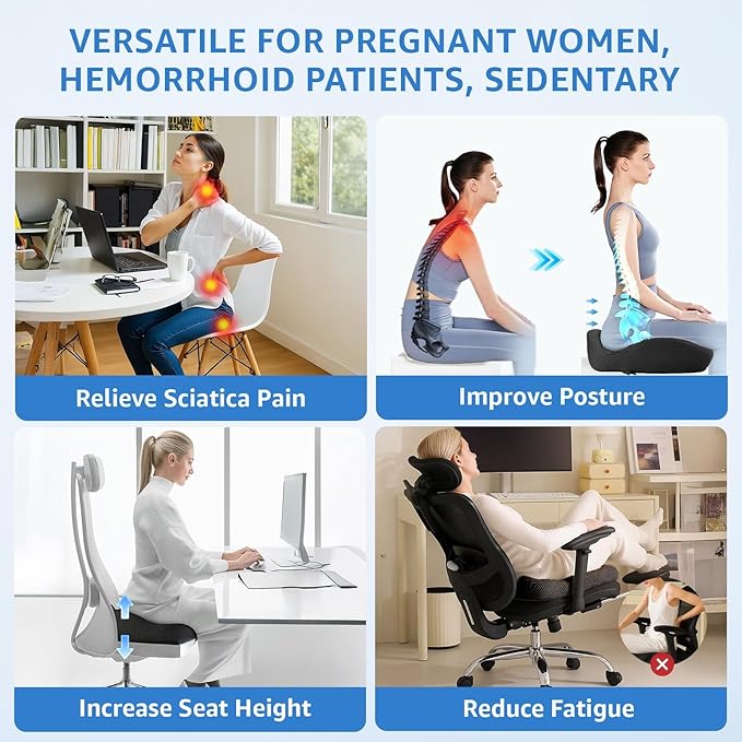 Extra Large Office Chair Cushion, 19" x 17" Ergonomic Memory Foam Seat Cushion for Tailbone, Back, Sciatica & Hip Pain Relief, Booster Pad for Sitting & Driving, Removable Washable Cover, Black-DeskLoop Office