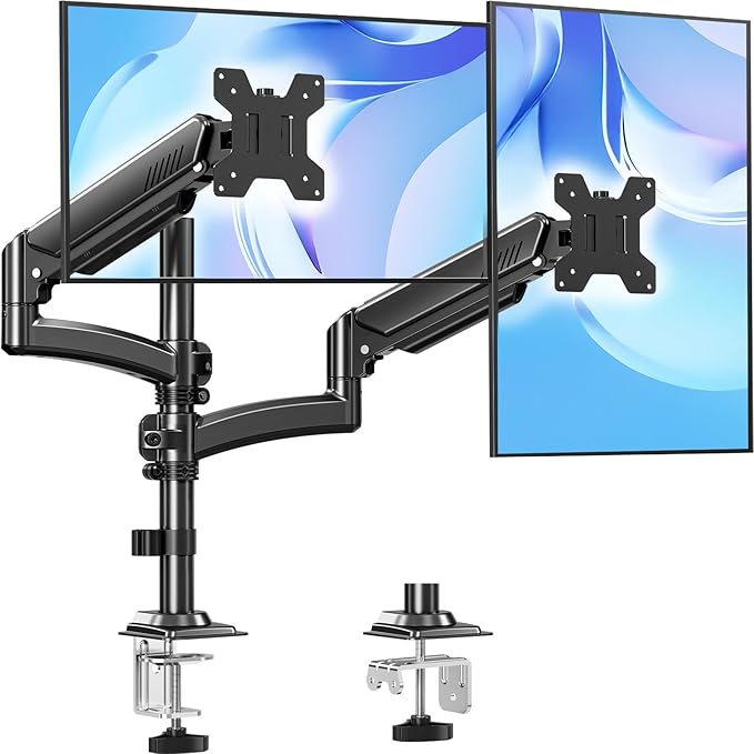 Dual Monitor Stand Holds 4.4-22 lbs Each, Dual Monitor Mount Height up to 26.6 inch, Gas Spring Monitors Arm for Max 32 inch Computer, VESA Mount with C-clamp & Grommet Mounting, Freelift Black-DeskLoop Office