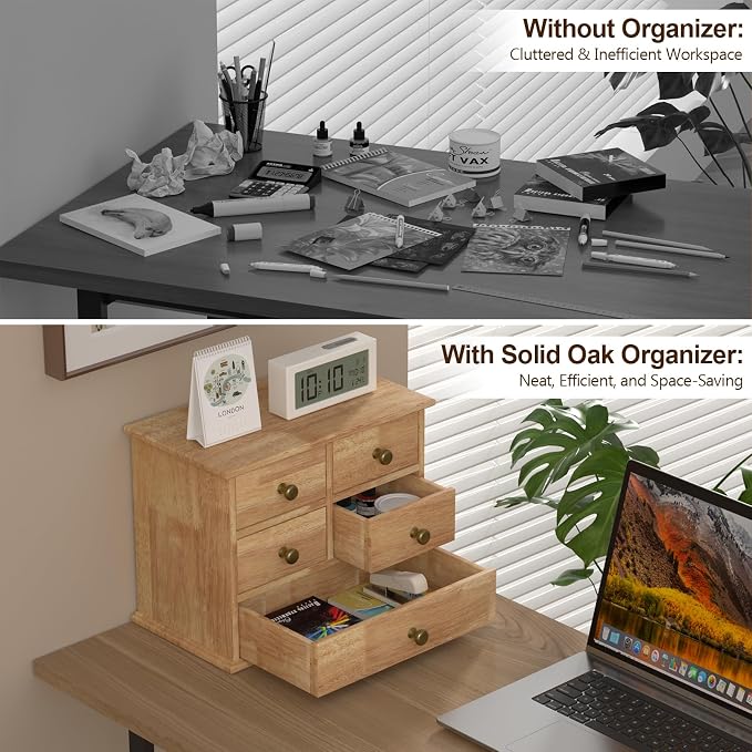 Oak Desk Organizer with Drawers, Wooden Desktop Storage Box with Metal Handles - Image 5