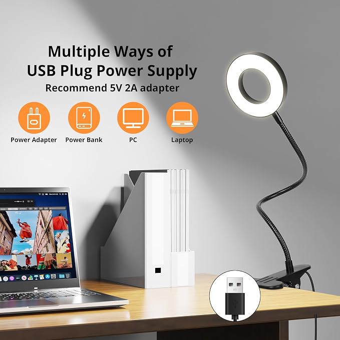 Woputne Desk Lamp Clip Light, 10 Dimmable Brightness 3 Light Modes Reading Light - Image 6