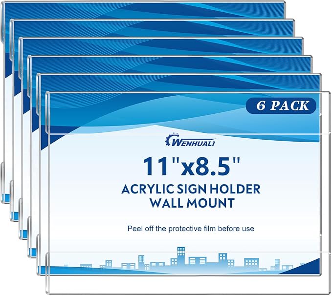 8.5 x 11 Acrylic Sign Holder Wall Mount 6 Pack Clear Acrylic Wall Frame by WENHUALI