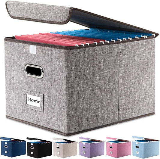 PRANDOM File Organizer Box - Set of 1 Collapsible Decorative Linen Filing Storage Hanging File Folders with Lids Office Cabinet Letter Size (15x12.2x10.75 inch)-DeskLoop Office