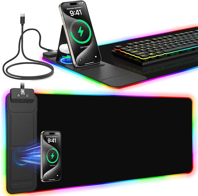 RGB Mouse Pad with Foldable Phone Stand & Wireless Charger, 31.5"x11.8" XL by miroddi