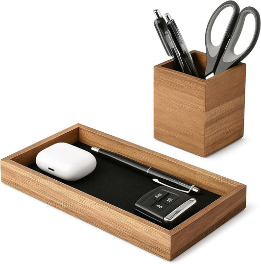 HULISEN Wooden Desk Organizer Tray with Pen Holder, Non-Slip Desk Tray and Pencil Holder Set with Felt Lined, Desktop Accessories for Home Office Workspace Organization-DeskLoop Office