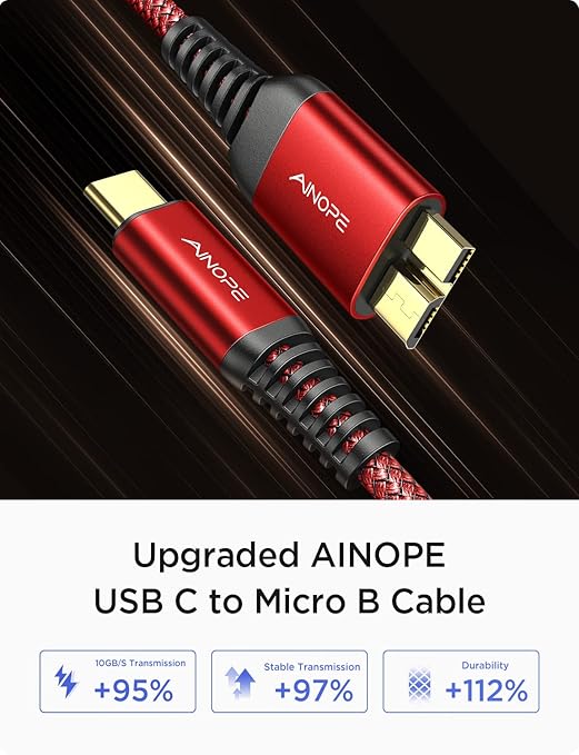 AINOPE 10Gbps Micro B to USB C Hard Drive Cable, [Nylon Braided] USB C to Micro B Cord, USB C to External Hard Drive Cable for Seagate WD Westgate, iPhone 16 Pro MacBook Air M2 Pro, 1.6FT, Red-DeskLoop Office