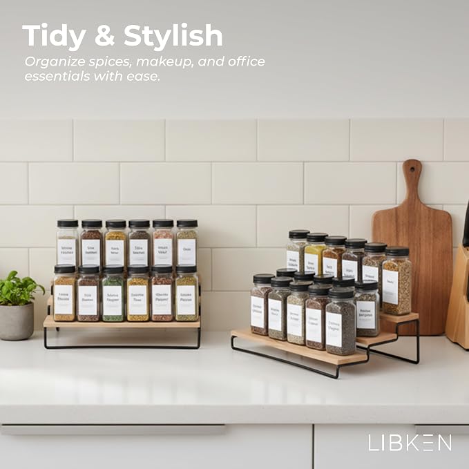 LIBKEN Tiered Spice Rack Organizer – Wood & Metal Countertop & Cabinet Spice - Image 6