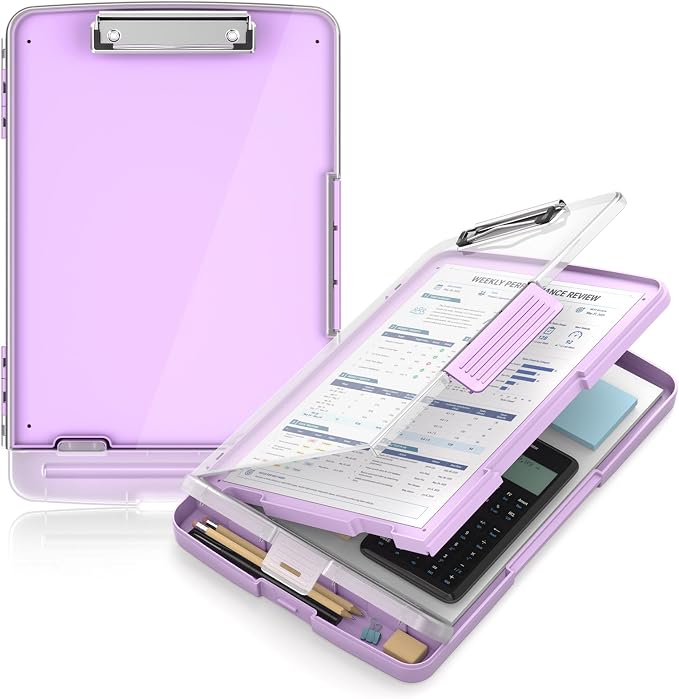 Clipboard with Storage and Pen Holder, Light Purple 8.5 x 11'' Folder Side Open by ORGANIZEEASYWORKSTEADY