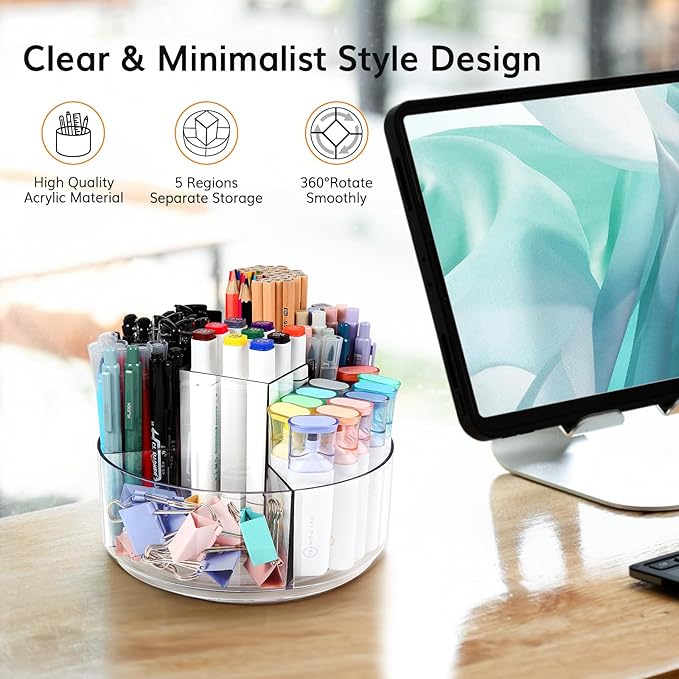 Rotating Pencil Holder for Desk, 5 Slots 360-Degree Spinning Acrylic Pen Holder for Desk, Marker Holder Caddy Art Supply Organizer Pen Organizer for Office Home School-DeskLoop Office