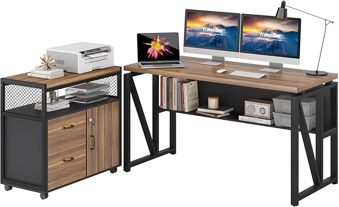 Tribesigns 55" Executive Desk with Reversible File Cabinet, Large L-Shaped Office Desk with Drawers, Business Furniture Workstation for Home Office (Dark Walnut, 55-inch)-DeskLoop Office