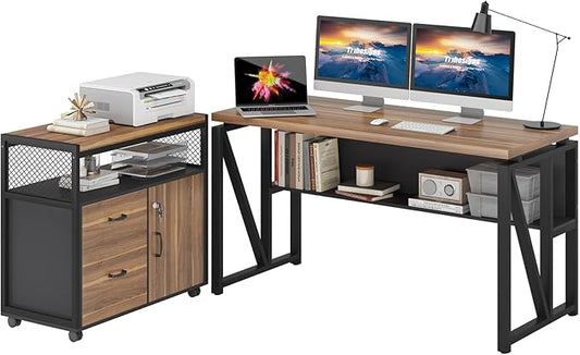 Tribesigns 55" Executive Desk with Reversible File Cabinet, Large L-Shaped Office Desk with Drawers, Business Furniture Workstation for Home Office (Dark Walnut, 55-inch)-DeskLoop Office