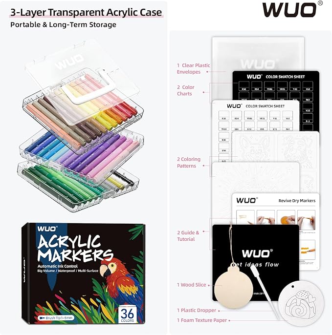 WUO 36 Colors Acrylic Paint Markers (2 Metallic), Automatic Ink Control Brush Tip for Multi-Surface Acrylic Paint Pens for Rock Painting, Wood, Canvas, Glass, DIY Art-DeskLoop Office