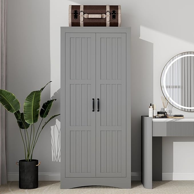 2 Door Wardrobe Closet, Wood Armoire with 2 Shelves and Hanging Rod, Freestanding Tall Storage Cabinet, Bedroom and Guest Room Armoire Cabinet for Clothes Storage, Gray-DeskLoop Office