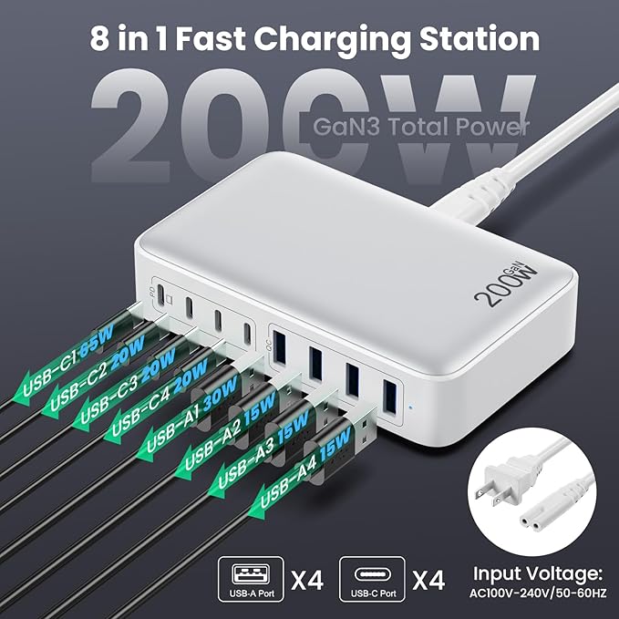 USB C Charger 200W USB C Charger Block,Upgraded GaN III 8-Port Fast Charging Station Hub,PD 65W Laptop Charging Adapter Compatible with MacBook Pro/Air,DELL,Steam Deck,iPhone 16/15/14,Galaxy S23/22-DeskLoop Office