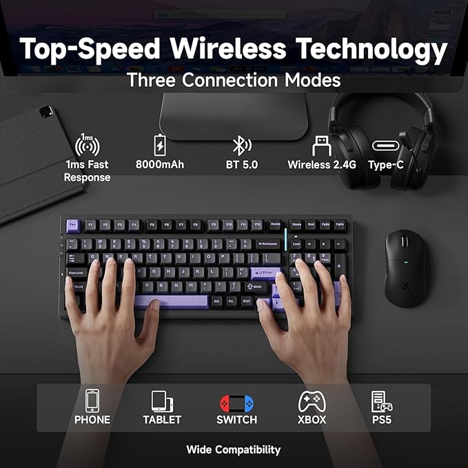 G98 PRO Wireless Mechanical Keyboard, Tri-Mode Connection Gaming Keyboard, Hot Swappable Custom Gasket Structure, Pre-lubed Linear Switches, Double Shot PBT Keycaps RGB LED Backlit Purple&Black-DeskLoop Office