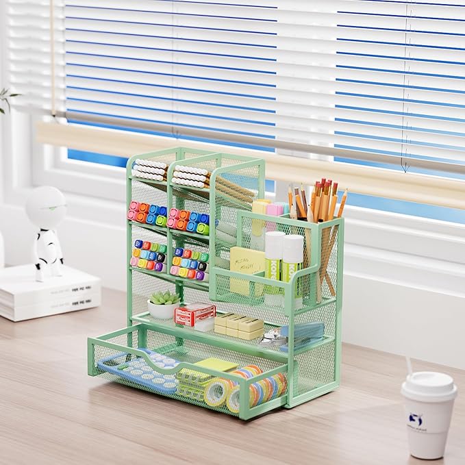 Marbrasse Mesh Pen Holder for Desk, Multi-Functional Pencil Organizer with Drawer, Desk Organizers and Accessories for Office Art Supplies (Green)-DeskLoop Office