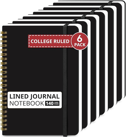 Taja Lined Spiral Journal Notebook for Work, 6 Pack, 140 Pages, College Ruled Hardcover Notebook Journal for Women, 6 Pcs, Journals for Writing, A5(6"x8") - Black-DeskLoop Office